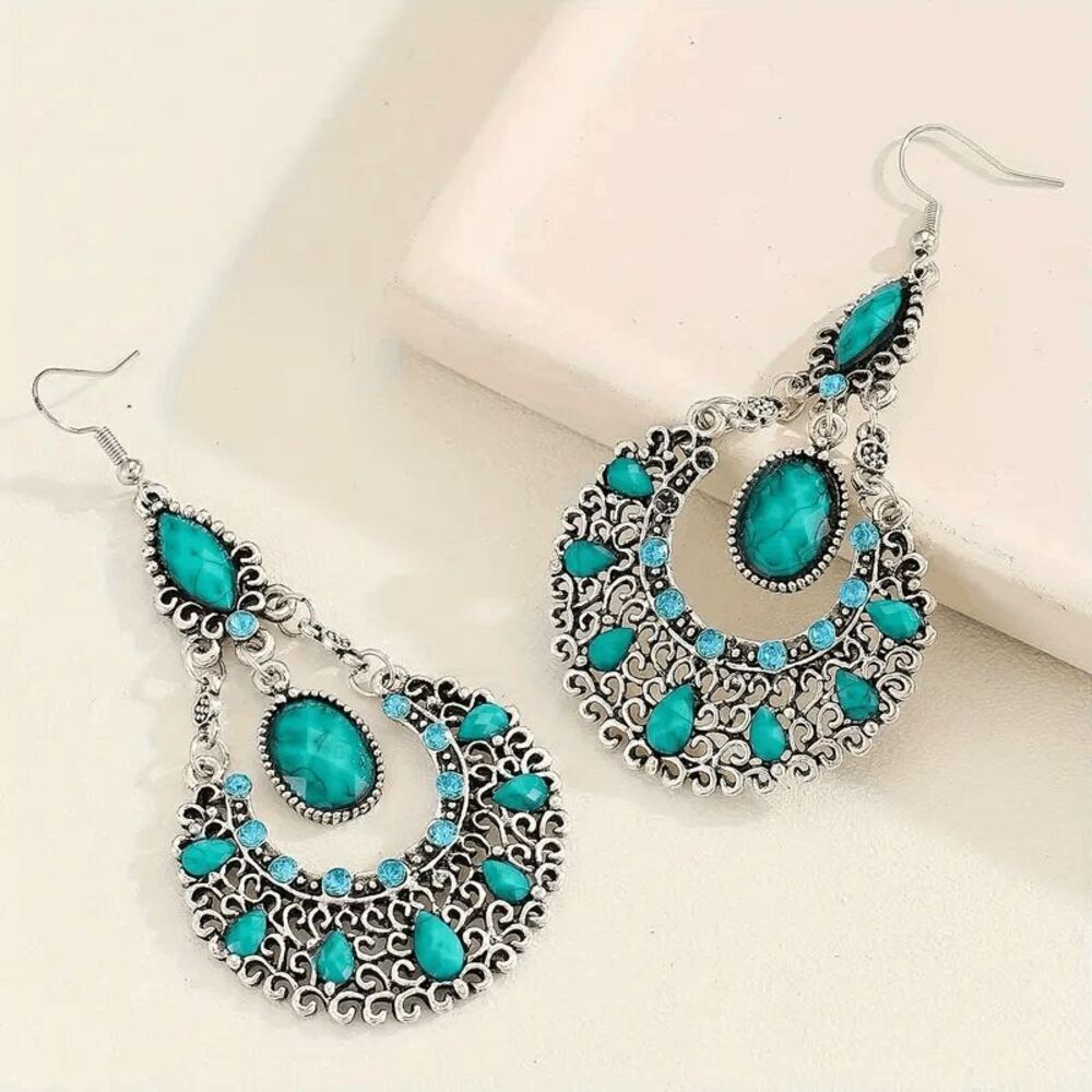 WesternβBoho Turquoise Aquamarine Diamond Dangle Earrings